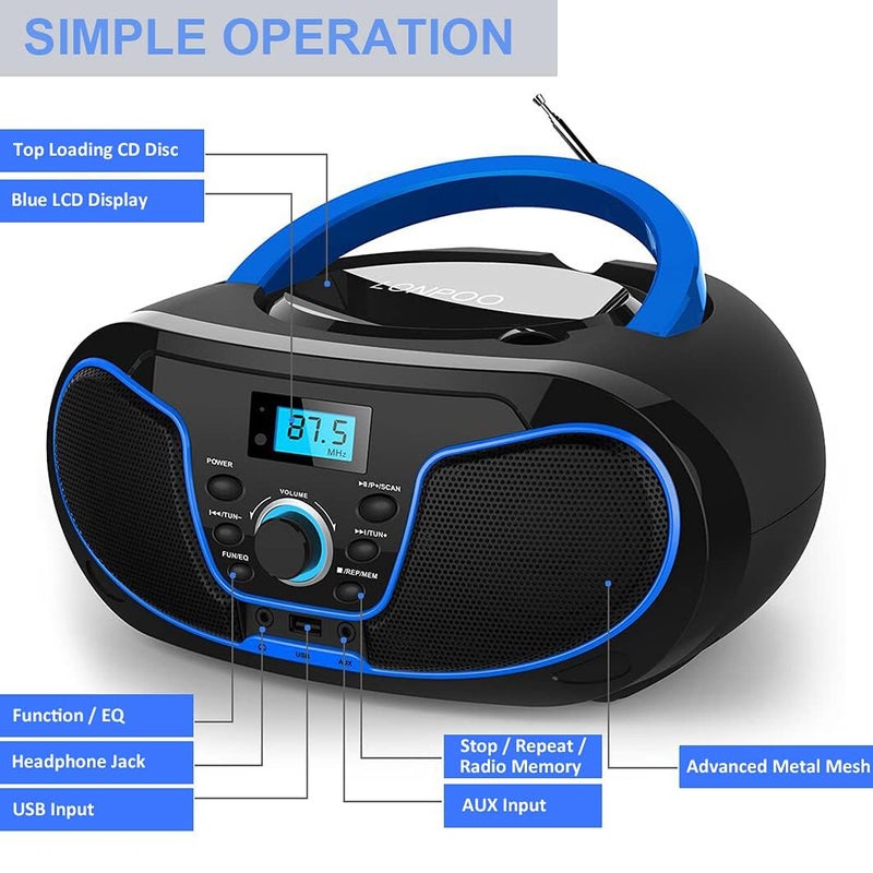 LONPOO CD Player Boombox, LP-D02 Portable Bluetooth FM Radio Stereo Sound System with Crystal-Clear Sound, MP3 Playback, USB Input, AUX Input, Headphone Jack, LCD Display, AC DC Operated - Image 3
